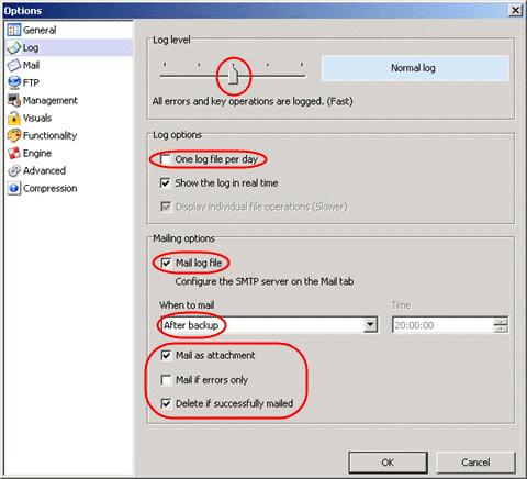 cobian log options panel